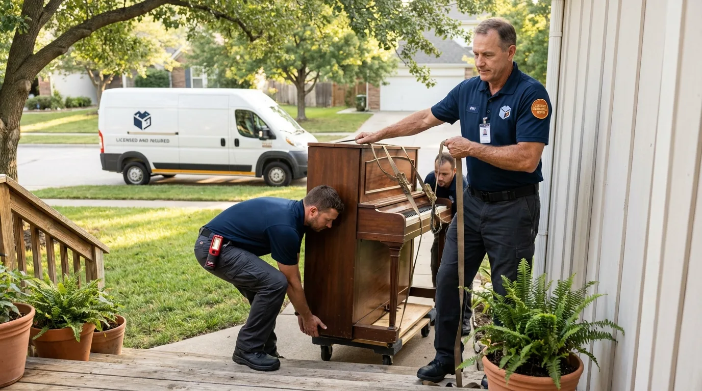 Licensed piano movers securing grand piano in Tangent, OR