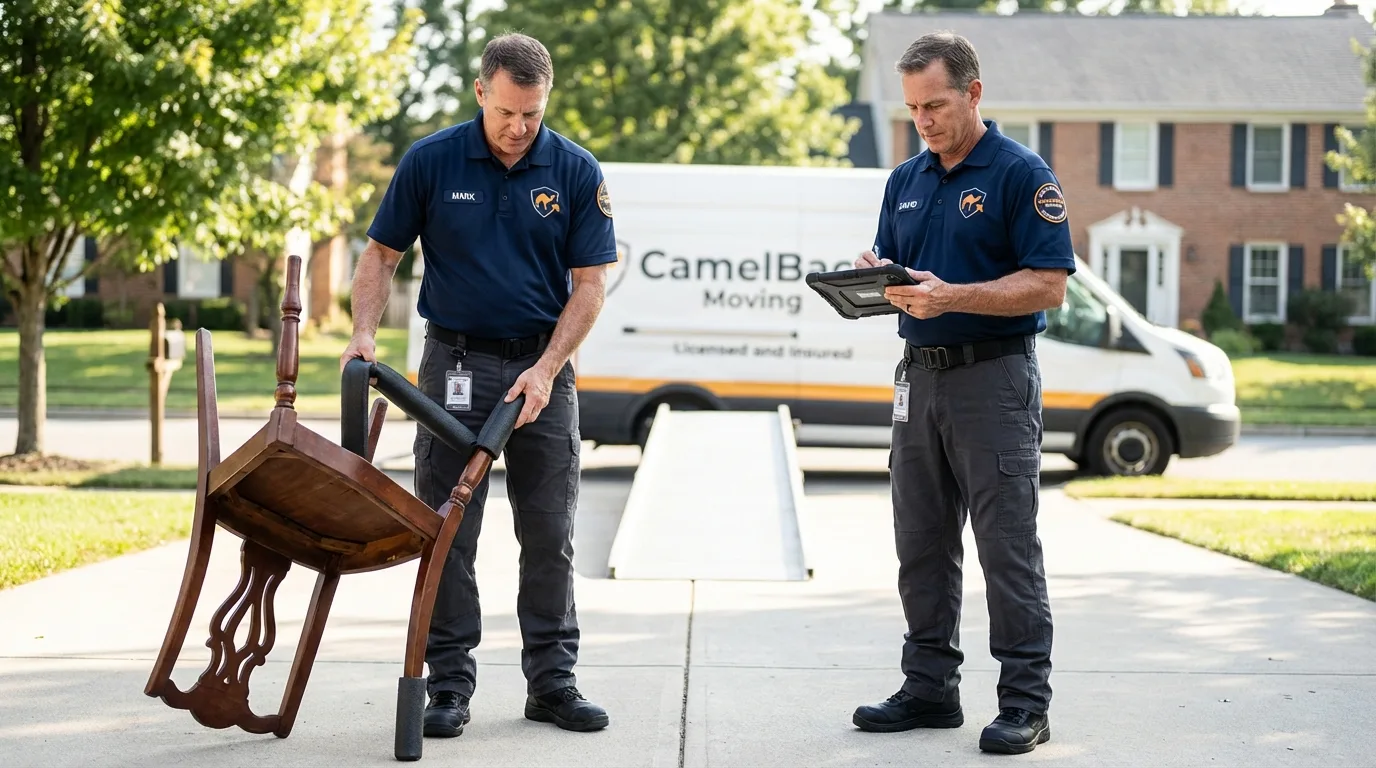 Movers inspecting furniture for damage prevention before loading in Tangent, OR