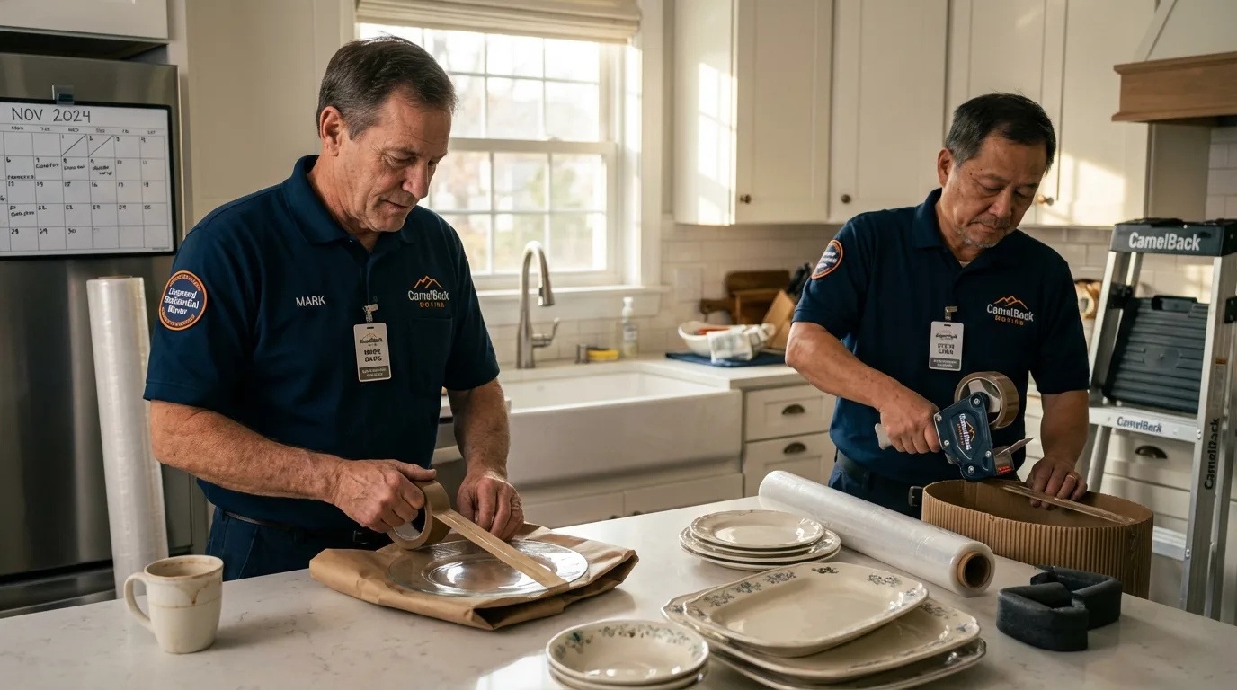 Professional crew packing kitchen dishware in Tangent, OR